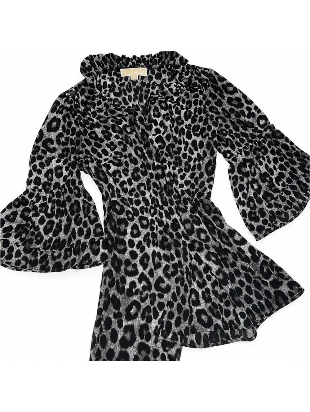 Michael Kors L Leopard Blouse Bell Sleeve Ruffle Holiday Date Night